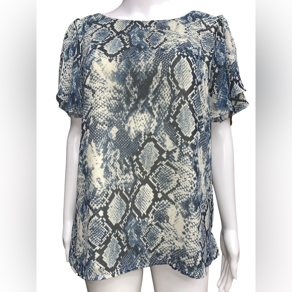 Vince Camuto Maternity Blouse Medium Blue Snakeskin Print Flutter Sleeve Top